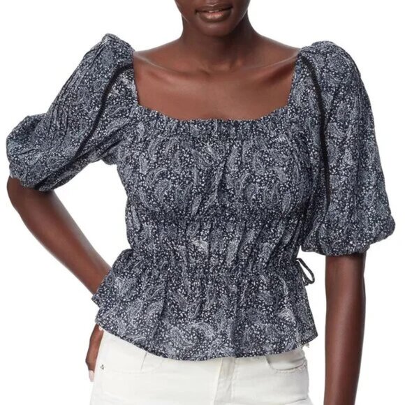 Sam Edelman Meadow Paisley Fields Gardenia Long Sleeve Off-Shoulder Top - Picture 1 of 9